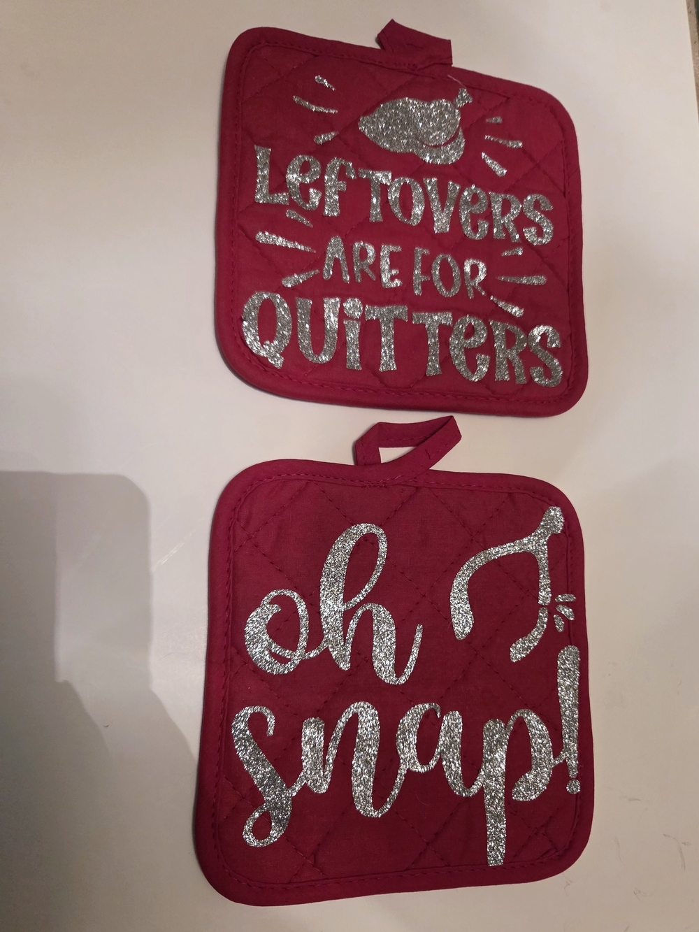 Oh Snap! Red Quilted Pot Holders with Silver Glitter Text